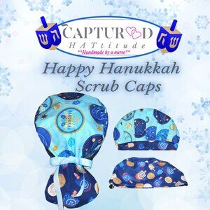 Womens Ponytail Scrub Cap Happy Hanukkah - Handmade